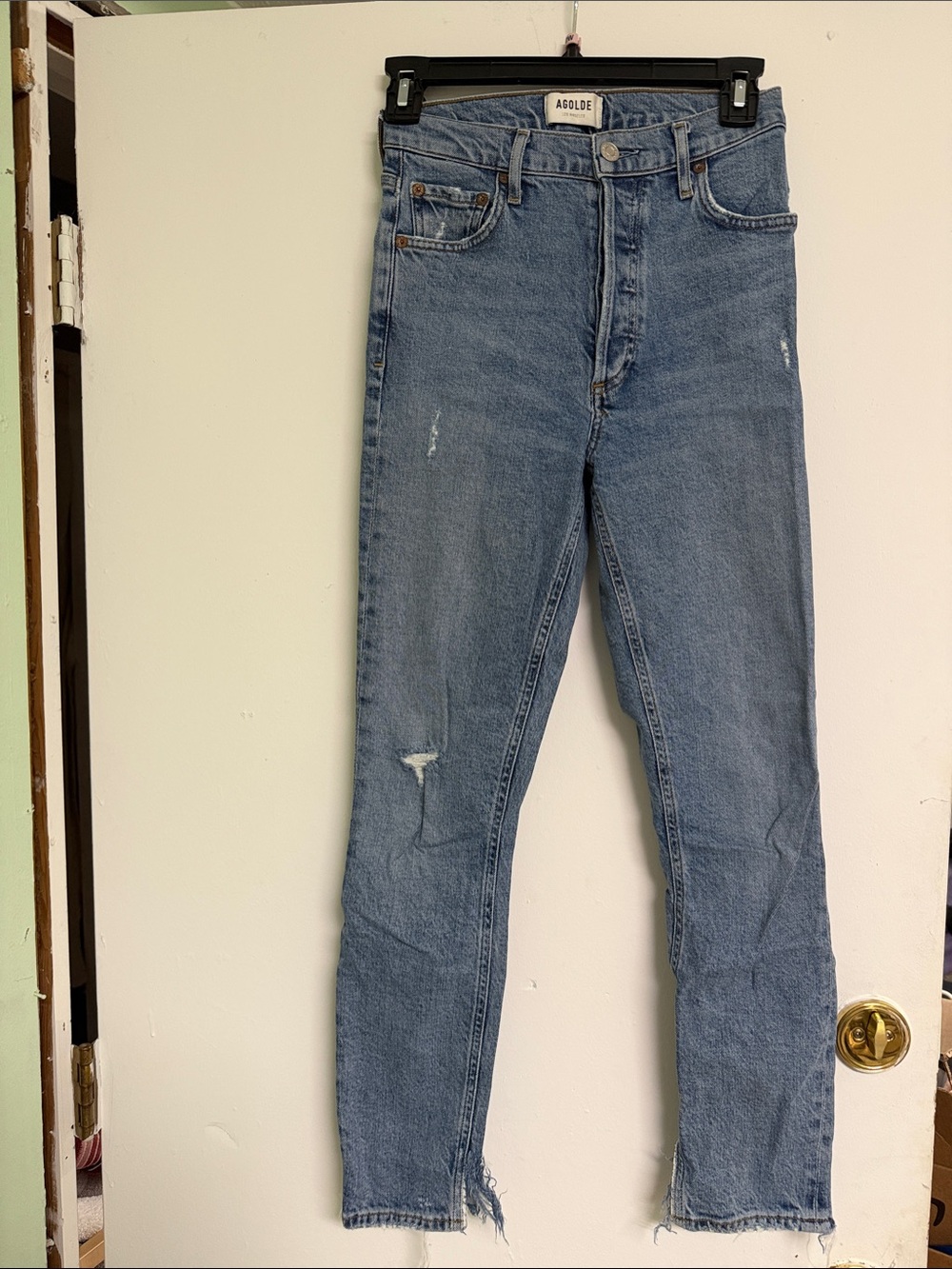 Agolde Women’s Faded Blue Slim Straight jeans with Subtle Distress